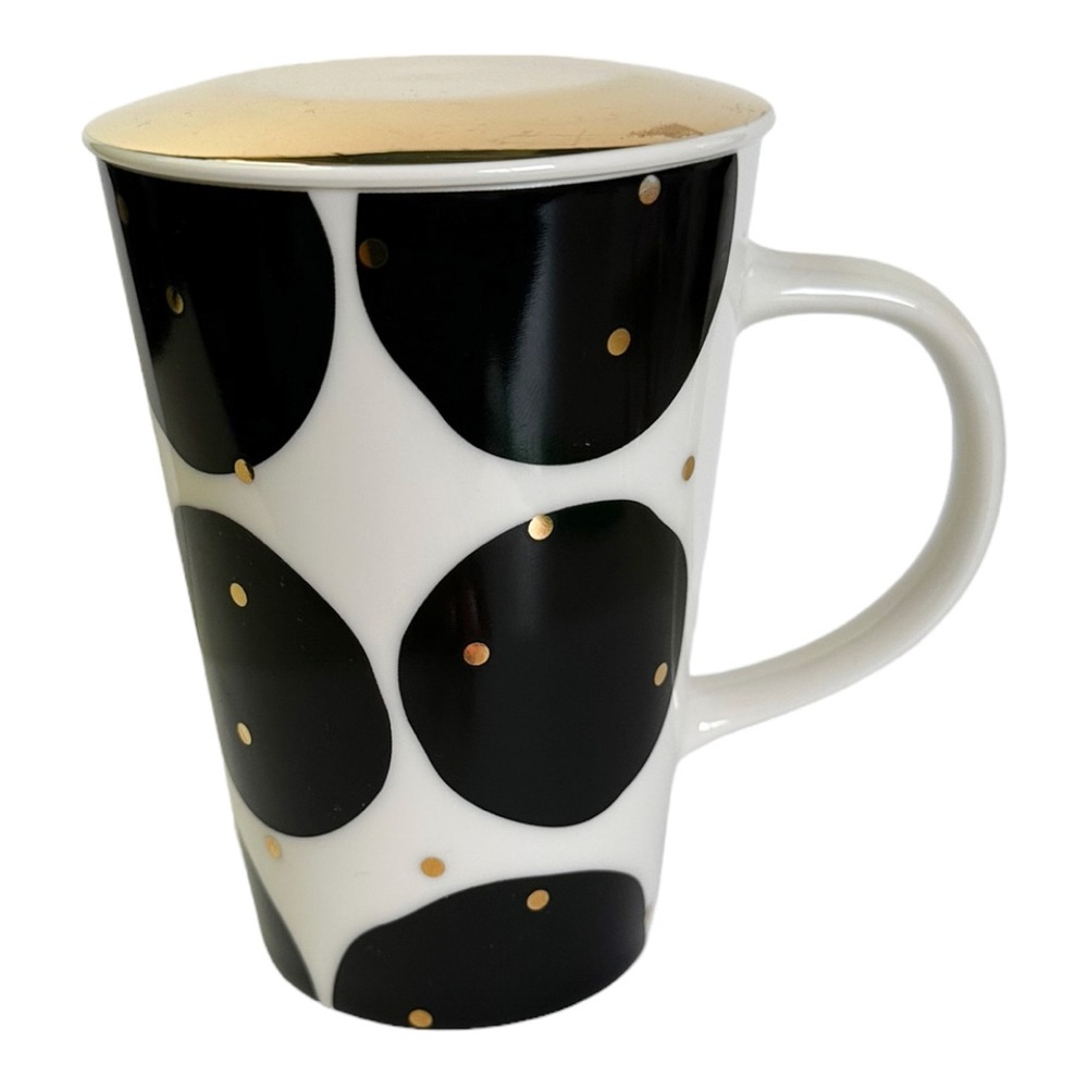 Starbucks Teavana Tea Cup With Lid Black Spots Gold Polka Dots